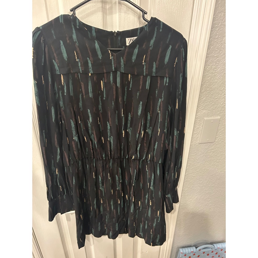 Zara Dress Black Abstract Brushstroke Long Sleeve V-Neck Elastic Waist Mini L